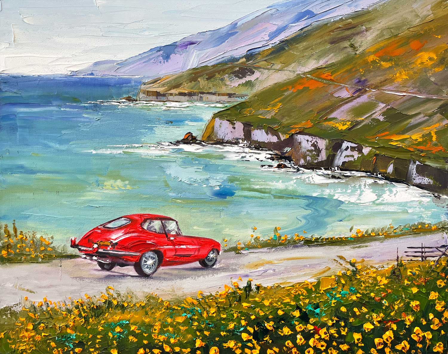 A contemporary landscape painting featuring a classic E Type Jaguar ...